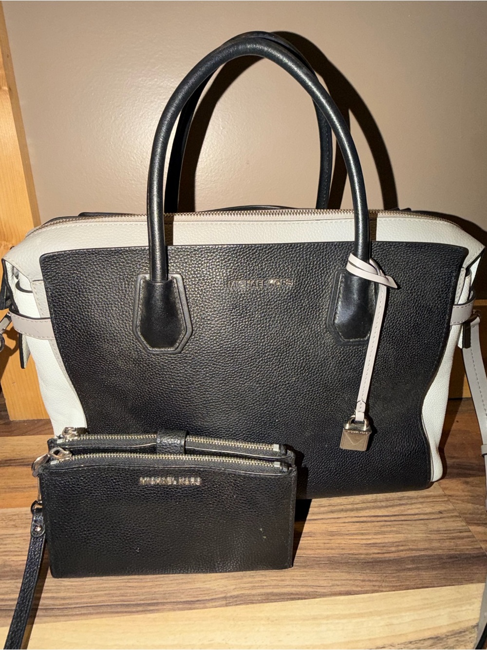 Michael Kors Black and White Leather Tote with Matching Wristlet